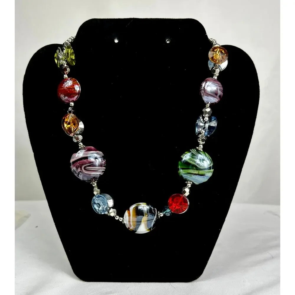 Artisan Lampwork Glass Statement Necklace Multicolor Beaded 18